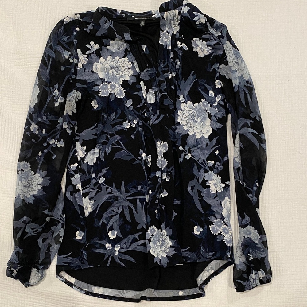 White House Black Market Floral Blouse in Black and Gray